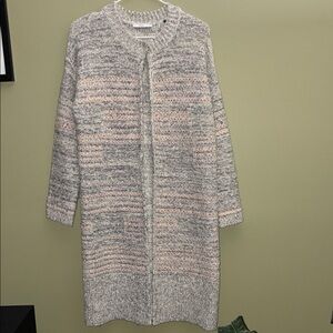 EDC Women's Gray and Pink Long Knit Cardigan Sweater with Snap Button Closure